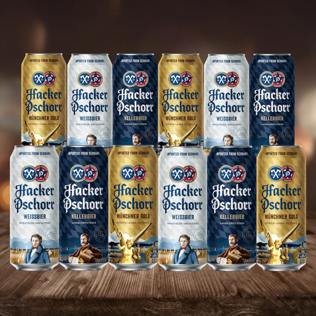 Hacker Pschorr Mixed Beer Case of German Weissbier, Kellerbier & Gold Pack 500ml Cans (12 Pack)