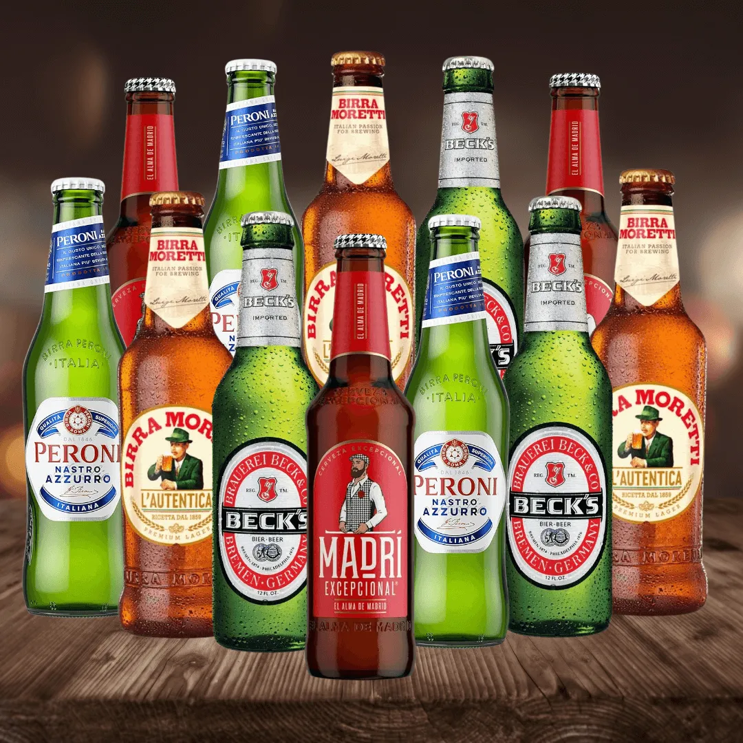 Beerhunter's Premium World Lager Mixed Case Set 330ml Bottles (12 Pack) - Peroni, Moretti, Becks, Madri